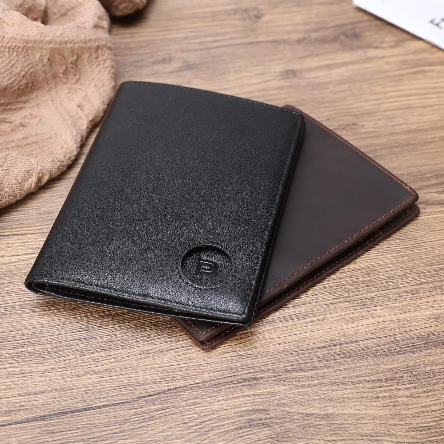 Polare Luxury RFID Blocking Leather Passport Holder Travel Wallet For Men and Women (Black with AirTag Slot)