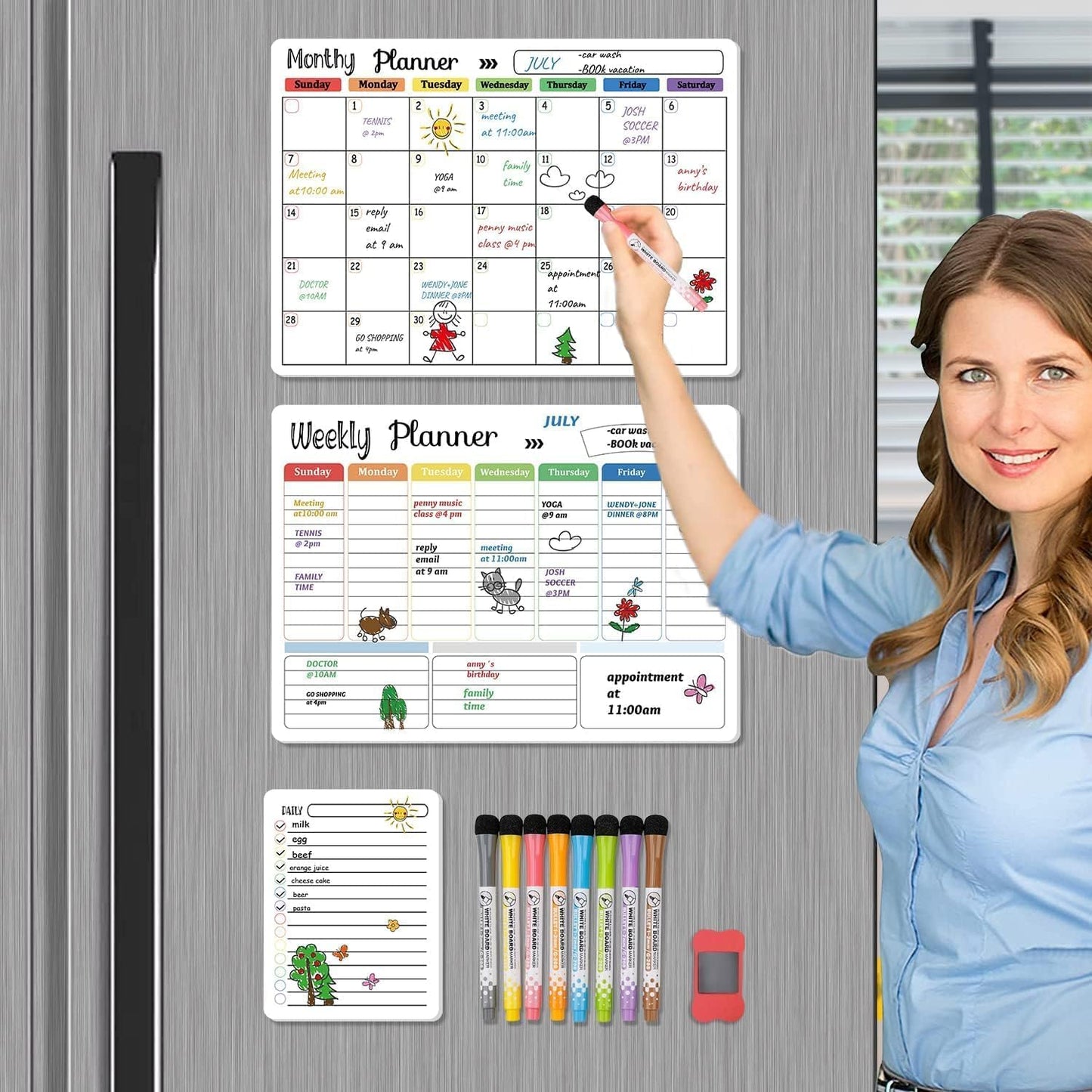 Hivillexun Magnetic Dry Erase Calendar Whiteboard Set (3-Pack) for Fridge, Wall, and Refrigerator Organization – Monthly, Weekly, and Daily Planners with 8 Markers and Eraser