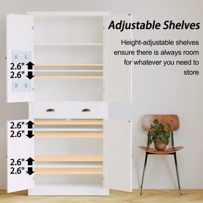 IRONCK Kitchen Pantry Storage Cabinet 72.6" H, with Barn Doors, Drawer, 4 Adjustable Shelves, Freestanding Cupboard, Laundry, White