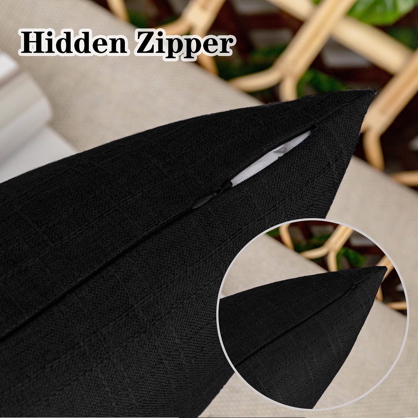 Kevin Textile Pack of 2 Decorative Outdoor Waterproof Throw Pillow Covers Checkered Lumbar Pillowcases Classic Cushion Cases for Patio Couch Bench 12 x 20 Inch Black