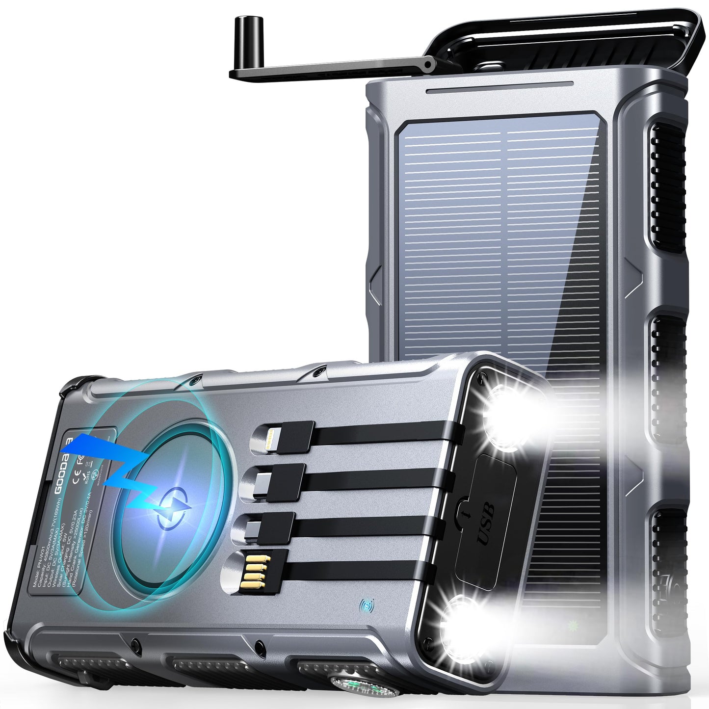 GOODaaa Power Bank Wireless Charger 45800mAh Built in Hand Crank and 4 Cables 15W Fast Charging Power Bank 7 Outputs & 4 Inputs Solar Portable Charger, SOS/Strobe/Strong Flashlights, Compass