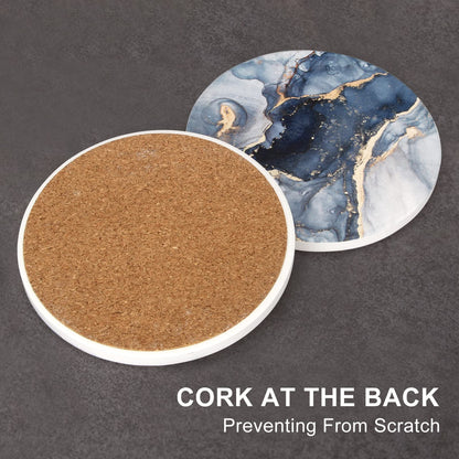 6 Pcs Navy Blue Marble Abstract Ceramic Coasters with Holder Best Absorbent Drink Coasters Round Ceramic Table Coasters Set Decorative Coffee Cup Beverage Coasters Wine Beer Bar Coasters