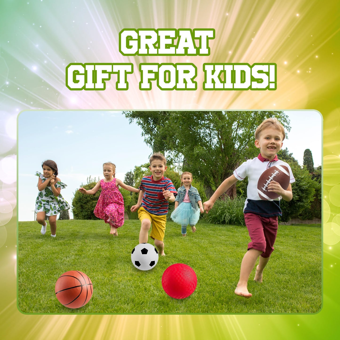 Bedwina Sports Balls for Kids & Toddlers - (Pack of 4) 5-inch Sports Set Includes Football, Soccer, Basketball, and Playground Ball, Fun Indoors & Outdoor Toys (Hand Pump Included)