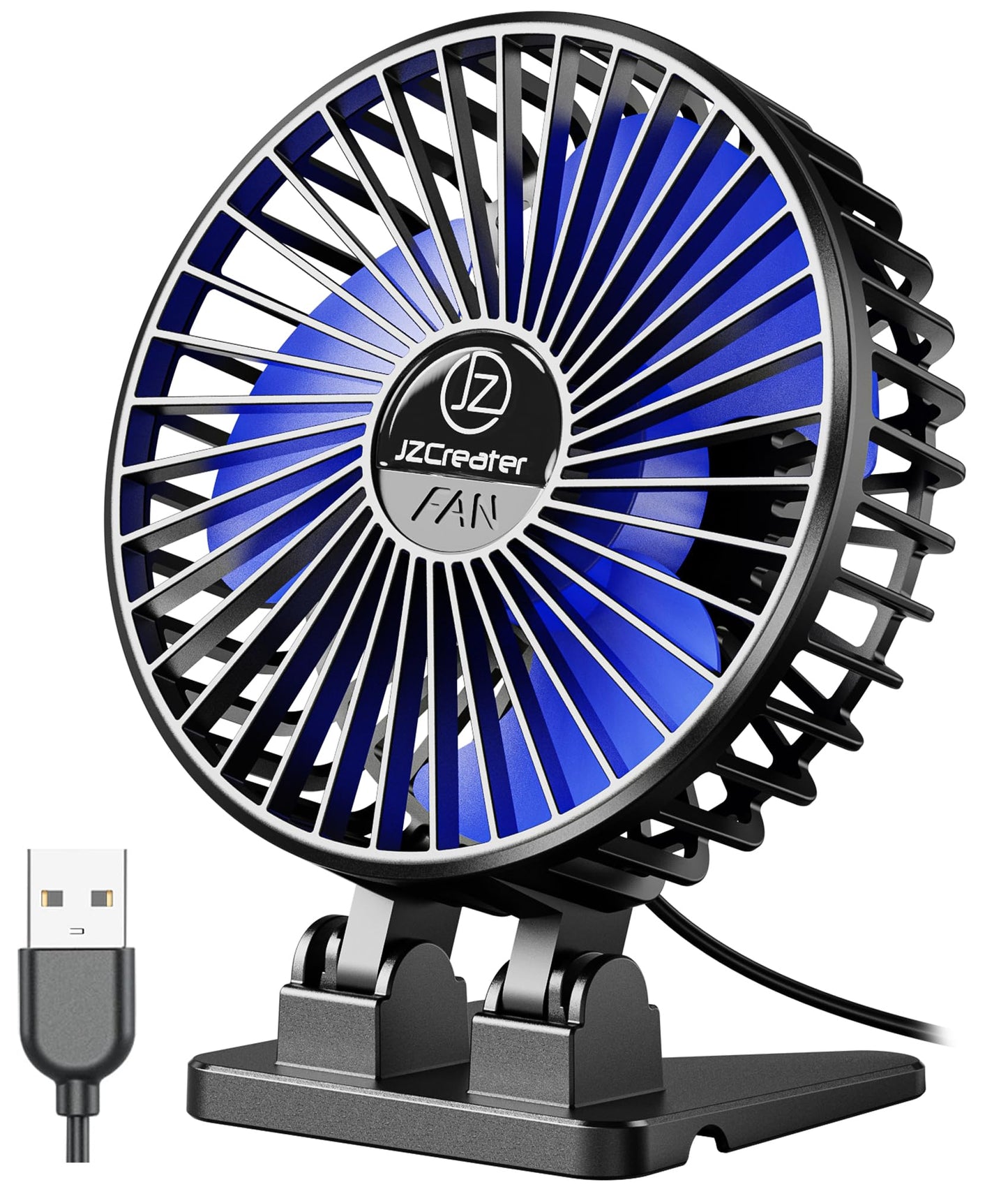 JZCreater USB Desk Fan, Mini Portable Fans, 3 Speeds Desktop Table Cooling Fan, Plug in Power, Rotation Strong Wind, Quiet Personal Small for Home Office Travel Bedroom, Black Blue