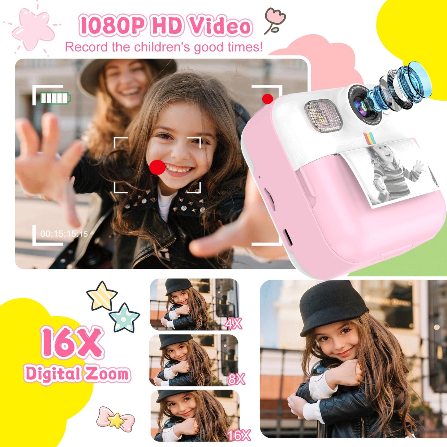 Kids Camera for Girls, 1080P Instant Print Camera, Kids Christmas Birthday Gifts Girls Toys, Children Digital Camera with 32GB Card, Toddler Camera Portable Toys for 3 4 5 6 7 8 9 Year Old Girl Pink
