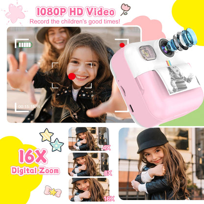 Kids Camera for Girls, 1080P Instant Print Camera, Kids Christmas Birthday Gifts Girls Toys, Children Digital Camera with 32GB Card, Toddler Camera Portable Toys for 3 4 5 6 7 8 9 Year Old Girl Pink