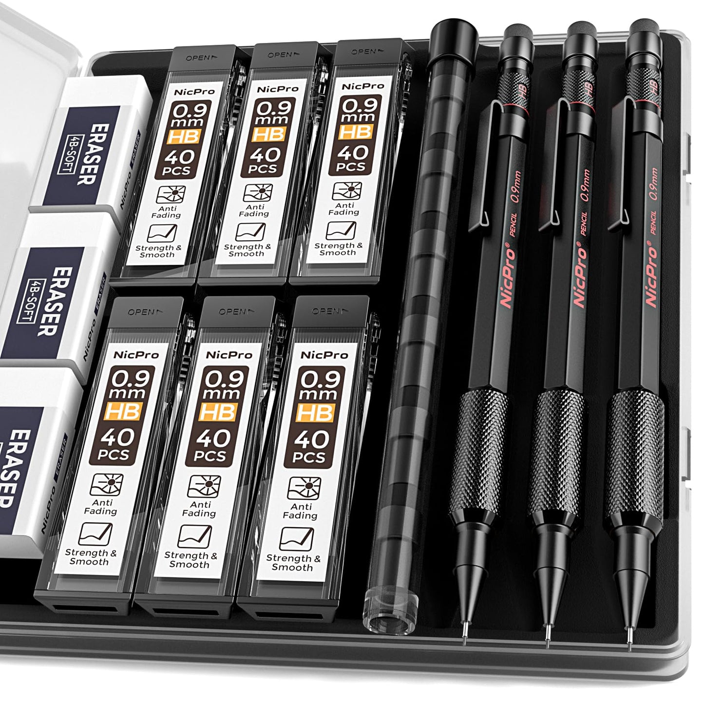 Nicpro 0.9 Metal Mechanical Pencil Set with Case, 3PCS Hevey Duty MP2000 Lead Pencil With 6 Tube HB Lead Refills 0.9mm, Erasers, Weatherproof Barrel for Outdoor Writing Drafting Drawing Sketching