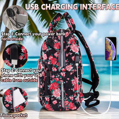 QWREOIA Floral Diaper Bag Backpack with USB Charging Port Stroller Straps and Insulated Pocket, Travel Bag Nappy Backpack For Women/Mum (Red Flower Pattern)