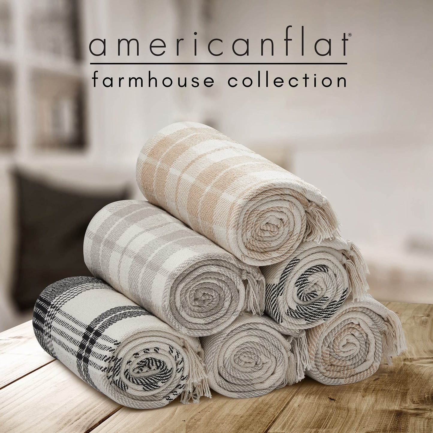 Americanflat 50x60 Throw Blanket - Soft and Breathable Cotton Throw Blanket for Couch, Bed, Chair - Decorative Blankets Perfect for Home, Office, or Outdoor Use - Ecru Camel Plaid Design