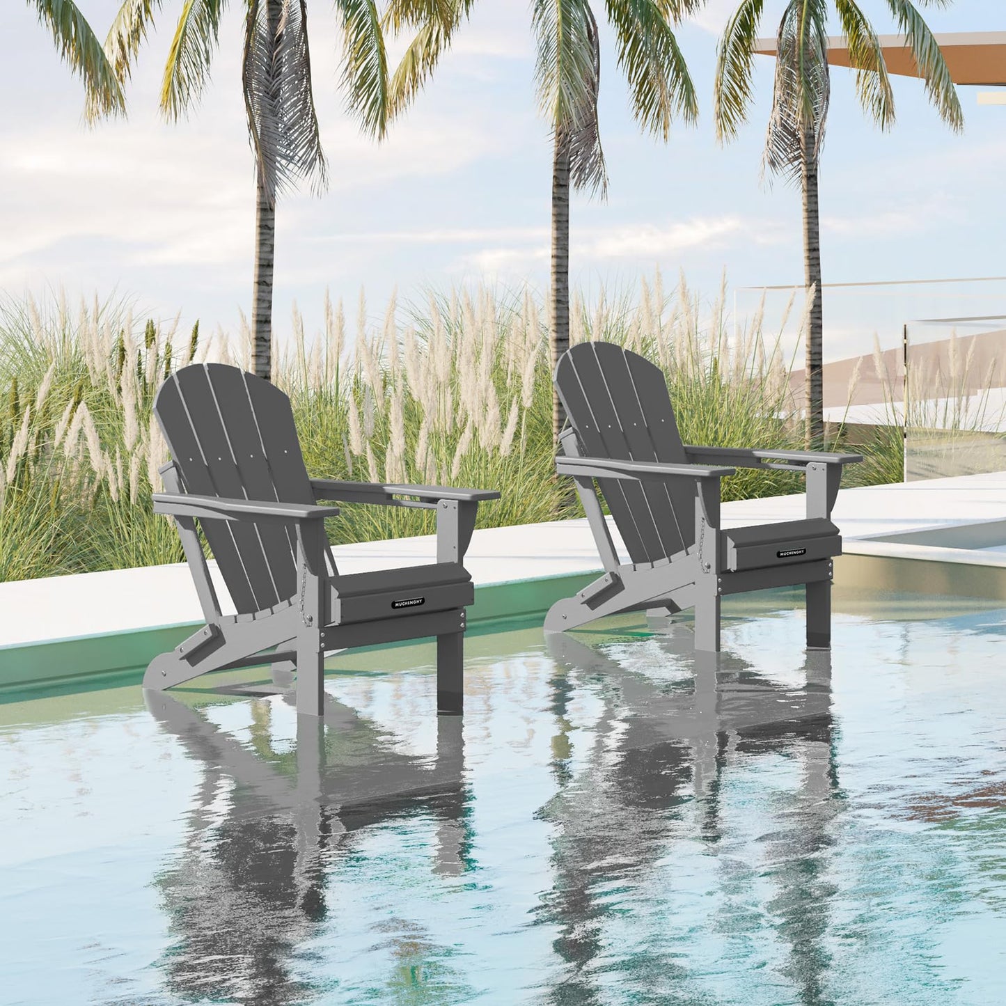 MUCHENGHY Folding Adirondack Chairs, Patio Chairs, Lawn Chairs, Outdoor Chair, Adirondack Chair Plastic, Fire Pit, Weather Resistant with Cup Holder for Deck, Backyard, Garden(Gray)