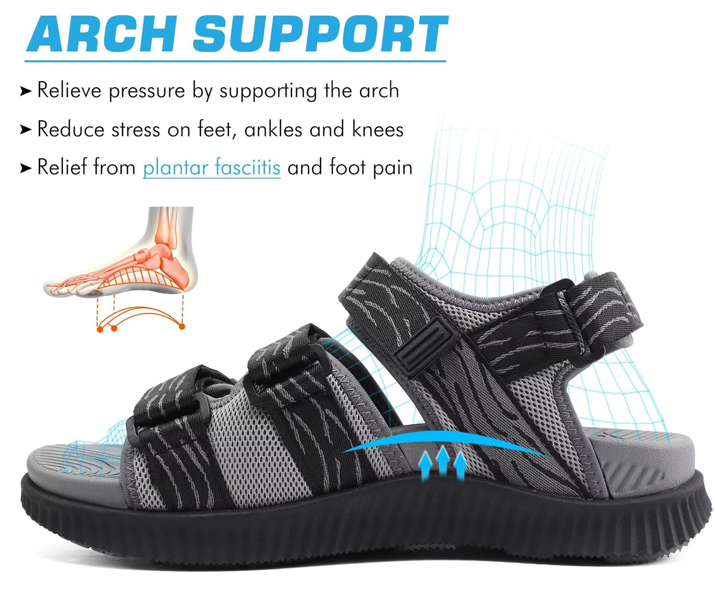 KuaiLu Mens Arch Support Hiking Sandals Orthopedic Athletic Sport Recovery Walking Cushion Sandals Open Toe Summer Beach Travel Sandles Plantar Fasciitis Water Outdoor Sandalias BlackGrey 10.5