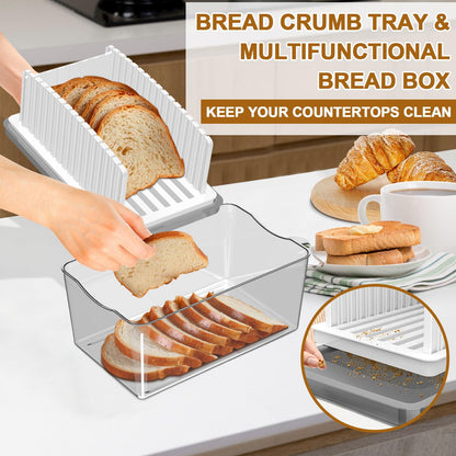Kiss Core Upgrade Bread Slicer for Homemade Bread with Bread Box, Bread Slicing Guide Adjustable Width, Foldable and Compact Cutting Guide with Crumb Tray, Suitability for Homemade Bread, Bagels,Cakes