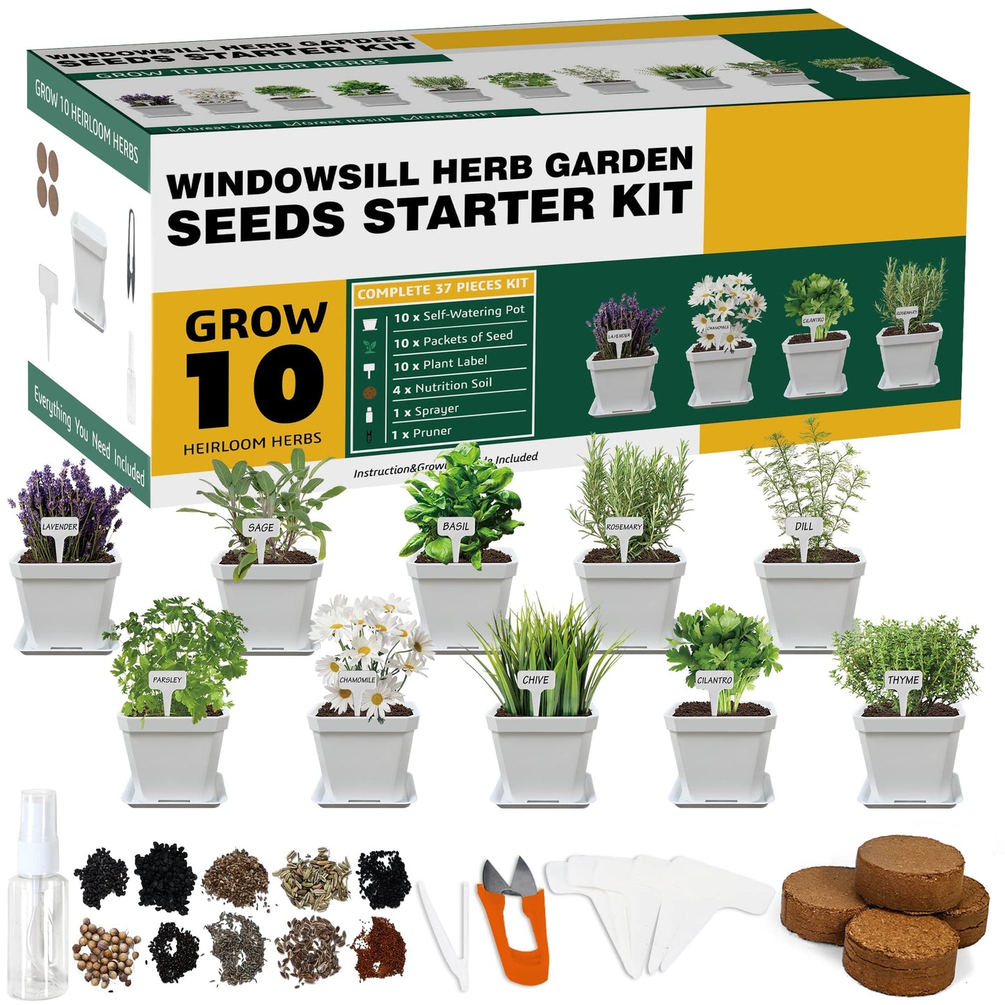 Meekear 10 Herb Seeds Garden Starter Grow Kit with White Pots, Markers, Nutritional Soil, Watering, Herb Clipper, Complete Indoor Potted Plant Growing Set for Kitchen DIY