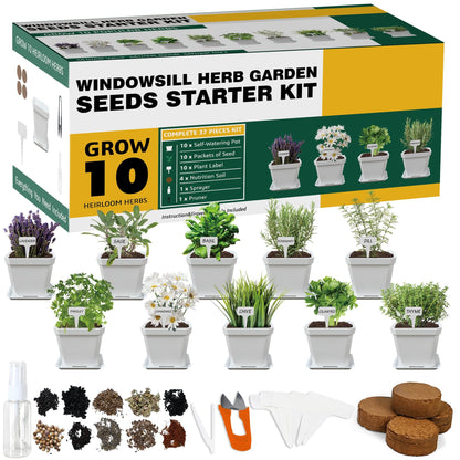 Meekear 10 Herb Seeds Garden Starter Grow Kit with White Pots, Markers, Nutritional Soil, Watering, Herb Clipper, Complete Indoor Potted Plant Growing Set for Kitchen DIY