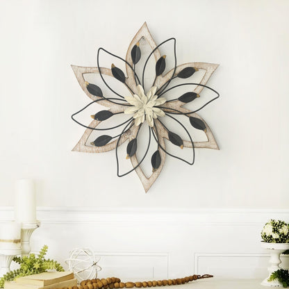 Remenna Whitewash Flowers Wood Wall Decor, Metal Rustic Wall Art Farmhouse Wall Decorations Multiple Floral Hanging Decor for Bathroom Living Room Home Office Garden Kitchen