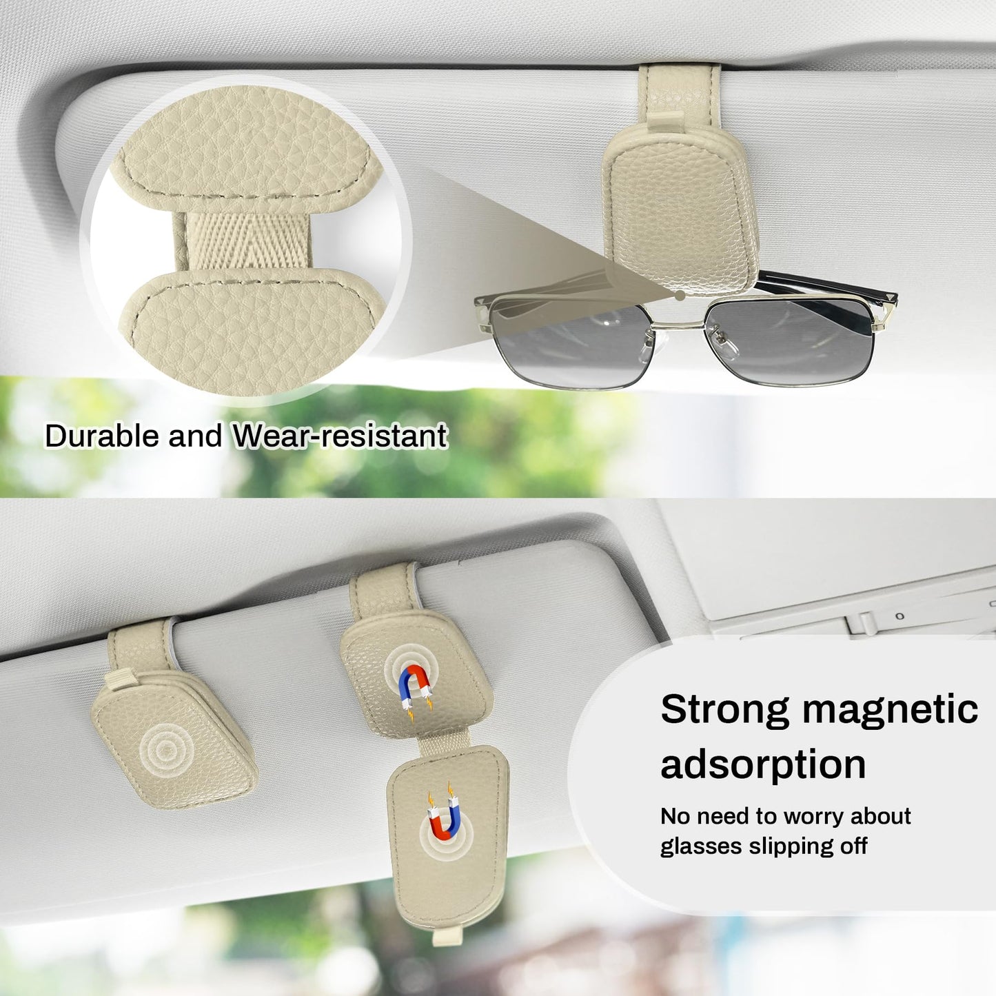 SINGARO Sunglasses Holder for Car, Leather Magnetic Buckle Sun Visor Sunglass Clip, Ticket Card Storage Glasses Clip, Car Interior Accessories for Men and Women（2PCS Beige）