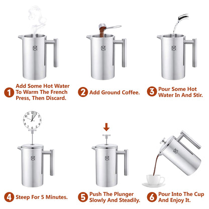 MAGICAFÉ French Press Coffee Maker – Single Serve 1 Cup Small Stainless Steel Thermal Double Walled French Press 350ML/12OZ