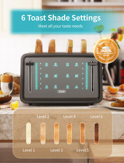 Gevi Toaster 4 Slice,Led Display Touchscreen Bagel Toaster with Dual Control Panels of Bagel/Reheat/Defrost/Cancel/Toasting One Slice/Longer Function,6 Shade Setting