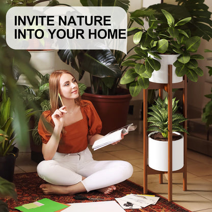 MUDEELA 2 Pack Indoor Plant Stands, 2 Tier Tall Plant Stand 30 inches, Mid Century Bamboo Plant Stand, Adjustable Width 8 - 12 inches, Fits Pot Size of 8 9 10 11 12 inches, Pot & Plant Not Included, Brown