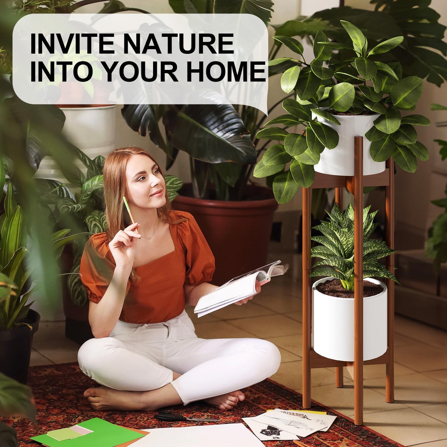 MUDEELA 2 Pack Indoor Plant Stands, 2 Tier Tall Plant Stand 30 inches, Mid Century Bamboo Plant Stand, Adjustable Width 8 - 12 inches, Fits Pot Size of 8 9 10 11 12 inches, Pot & Plant Not Included, Brown