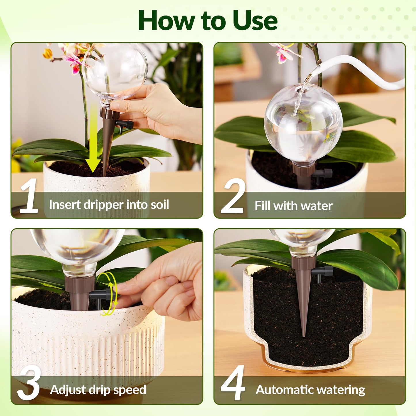 NiHome Plant Self-Watering Globes for Busy Individuals & Travelers, Long-Lasting Moisture Consistent Dripper Spike for Indoor & Outdoor Plants, Adjustable Flow Valve Easy to Refill & Maintain (2-Pack)