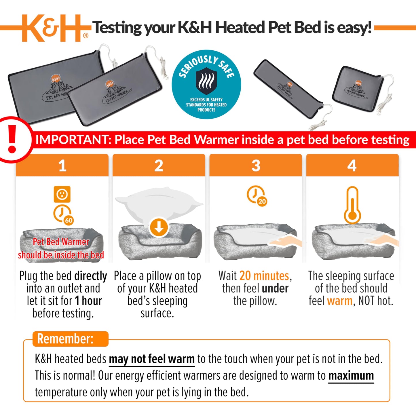 K&H Pet Products Pet Bed Warmer, Turn Any Pet Bed Into a Heated Cat or Dog Bed, Waterproof Indoor Heated Warming Pad Insert, Automatic Temperature, Safety Listed - Large 24.5 X 11.75in Gray