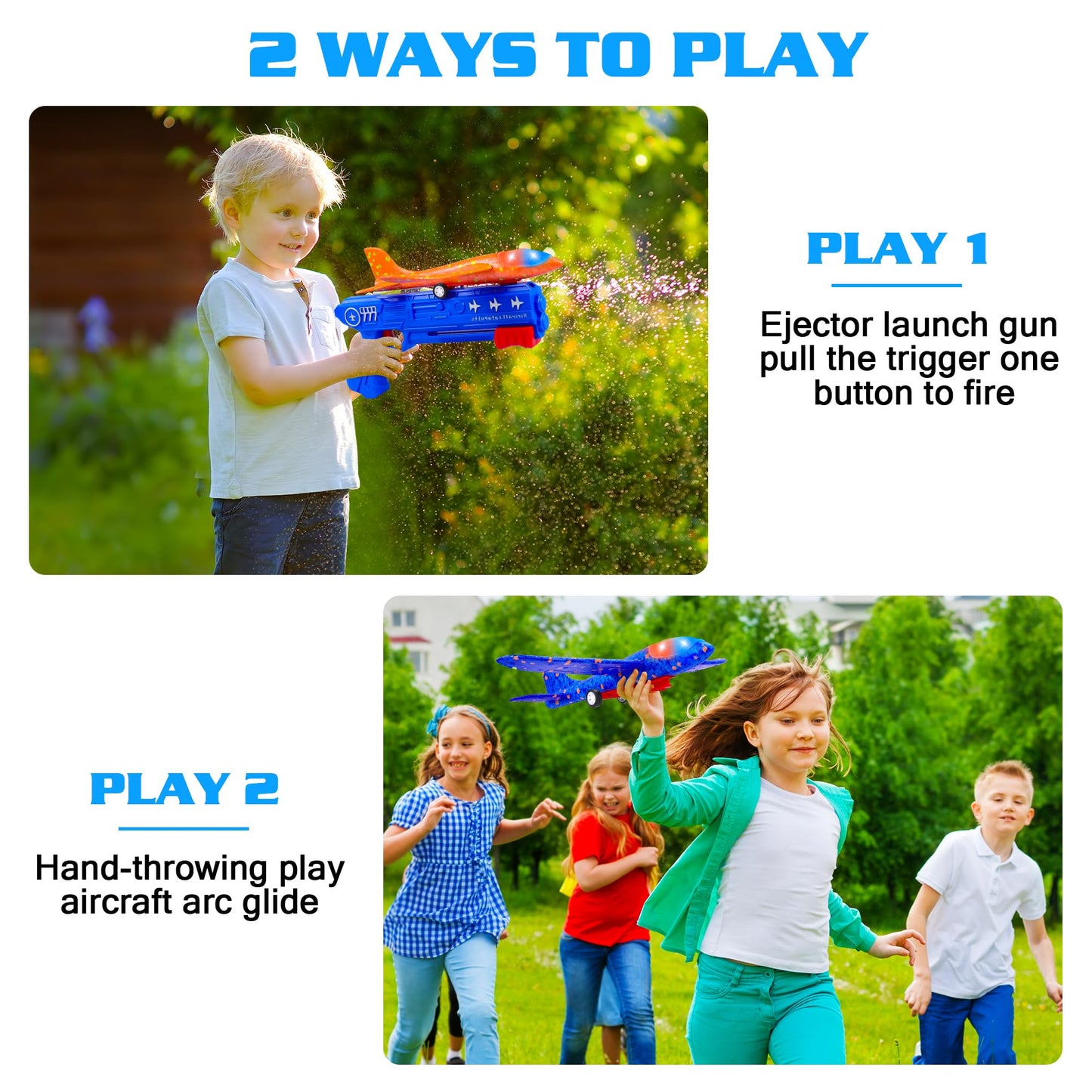 LJZJ 3 Pack Airplane Launcher Toys, 2 Flight Modes LED Foam Glider Catapult Plane, Outdoor Flying Toy for Kids, Birthday Gifts for Boy Girl 6+ Year Old, B-Day Party Supplies