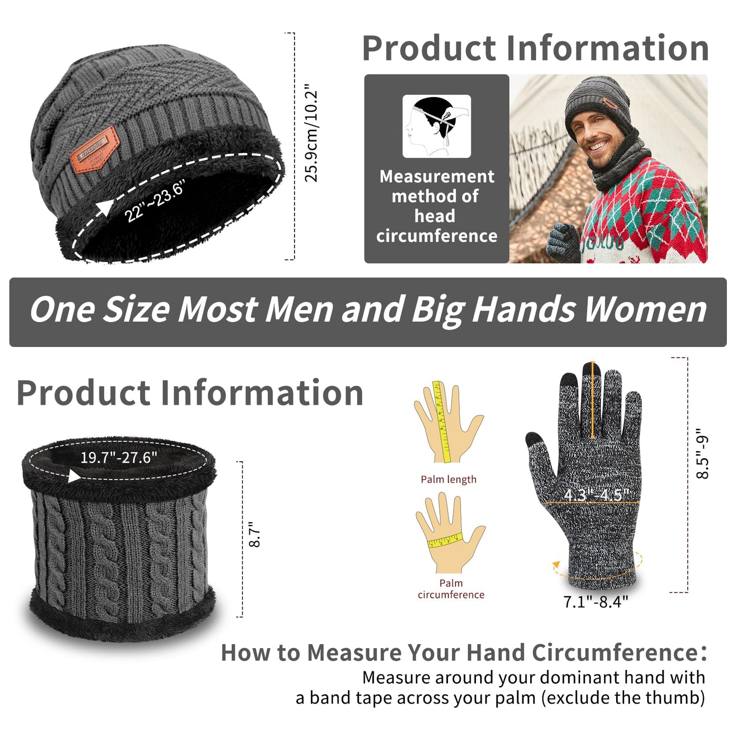 MAYLISACC 3 Pcs Mens Womens Winter Warm Fleece Beanie Hat with Touch Screen Gloves and Neck Warmer Gaiter Set Grey