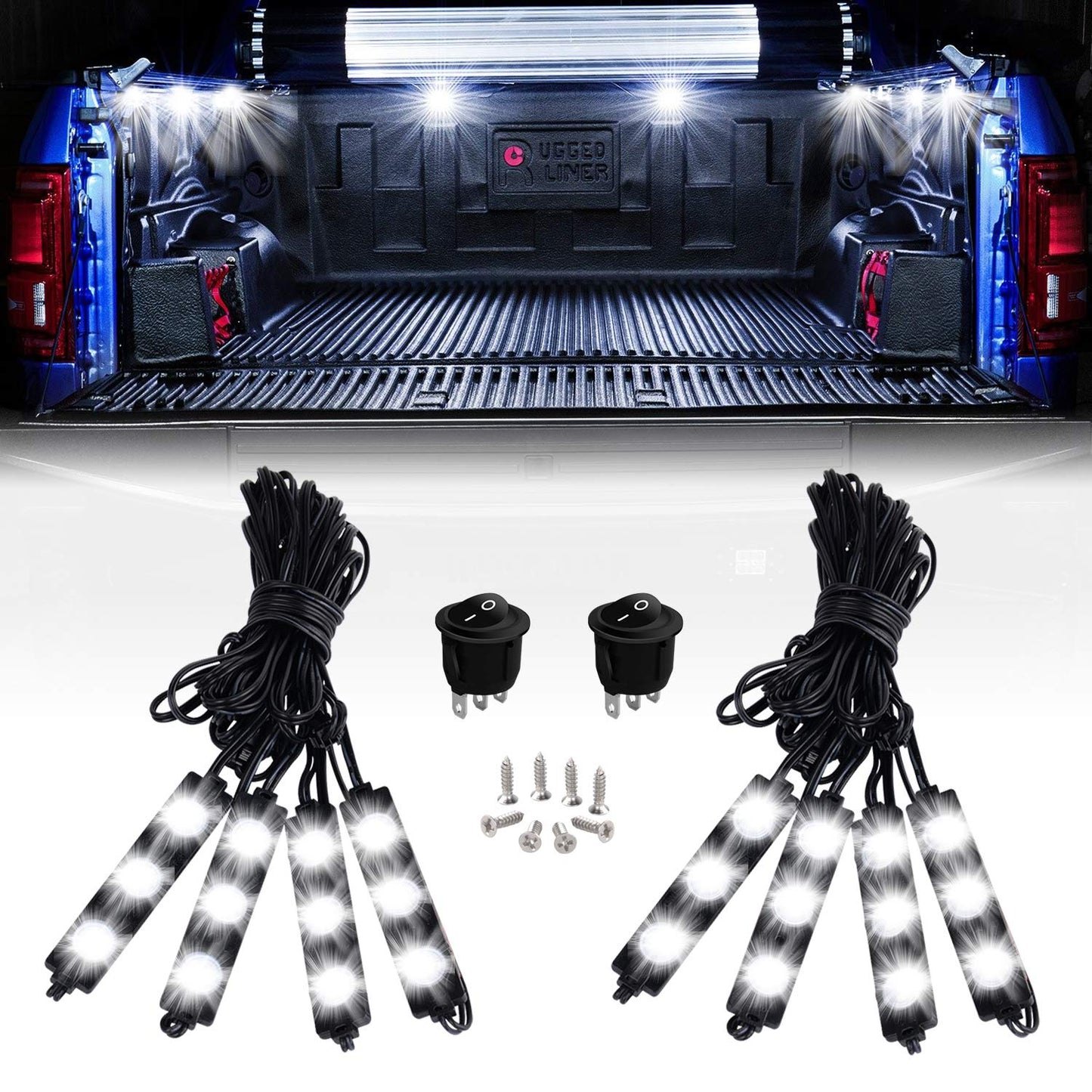 Nilight - TR-08 8PCS 24LED Rock Light for Cargo Truck Pickup Bed Off Road Under Car Side Marker LED Rock Lighting Kit w/Switch White, 2 Years Warranty