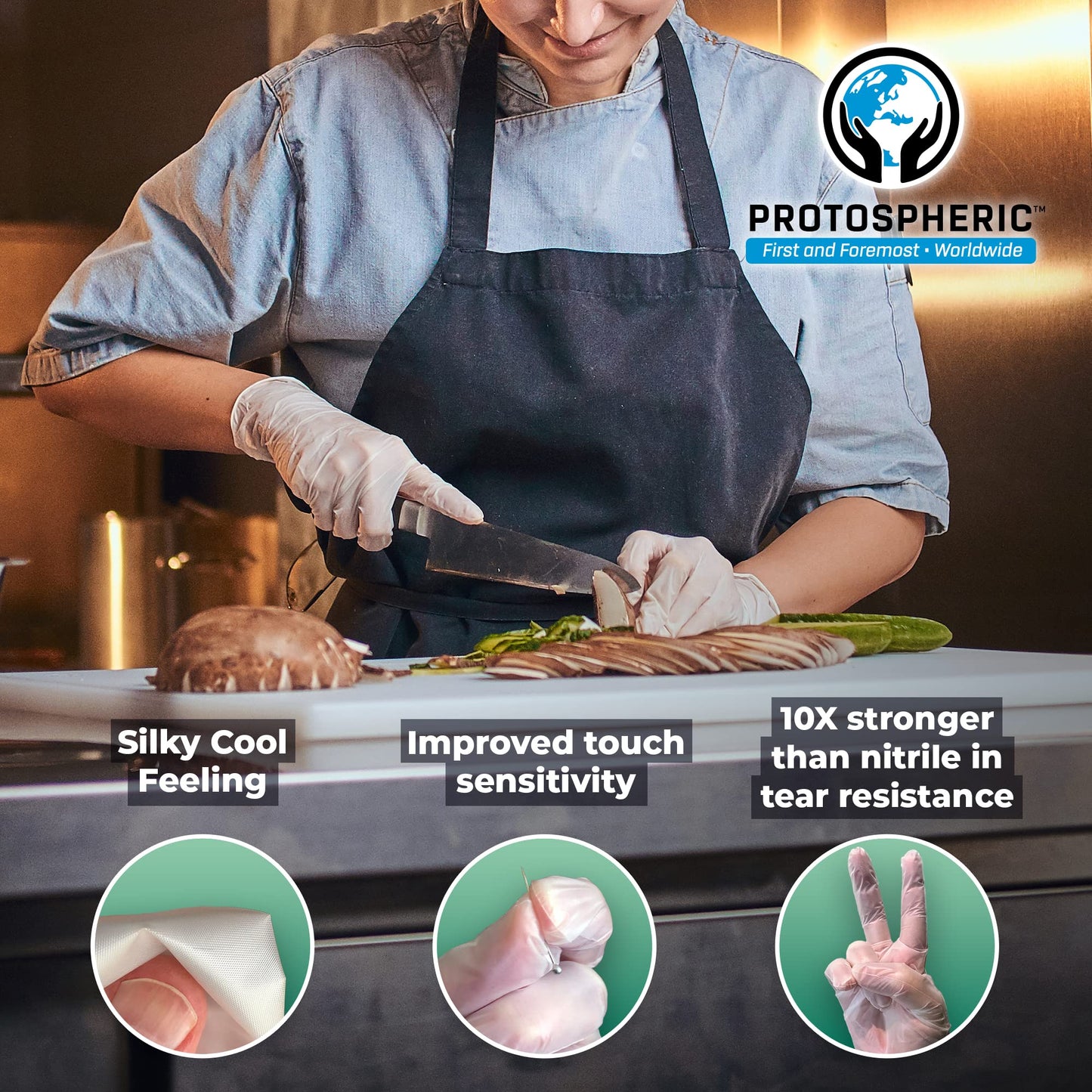 Protospheric Disposable Gloves for Food Prep - Super Poly Kitchen Grade Food Safe Gloves - Perfect for Cooking and Serving