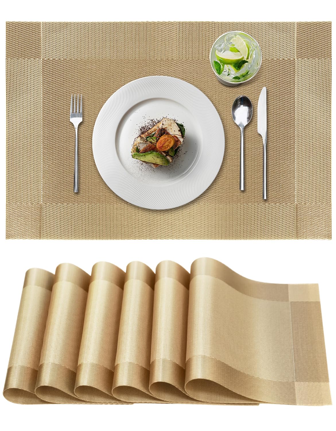 Placemats Set of 6, Place Mats for Kitchen Dining Table, Heat-Resistant Anti-Skid Stain Washable PVC Table Mats, Easy to Cleaning Woven Vinyl Dinner Mats