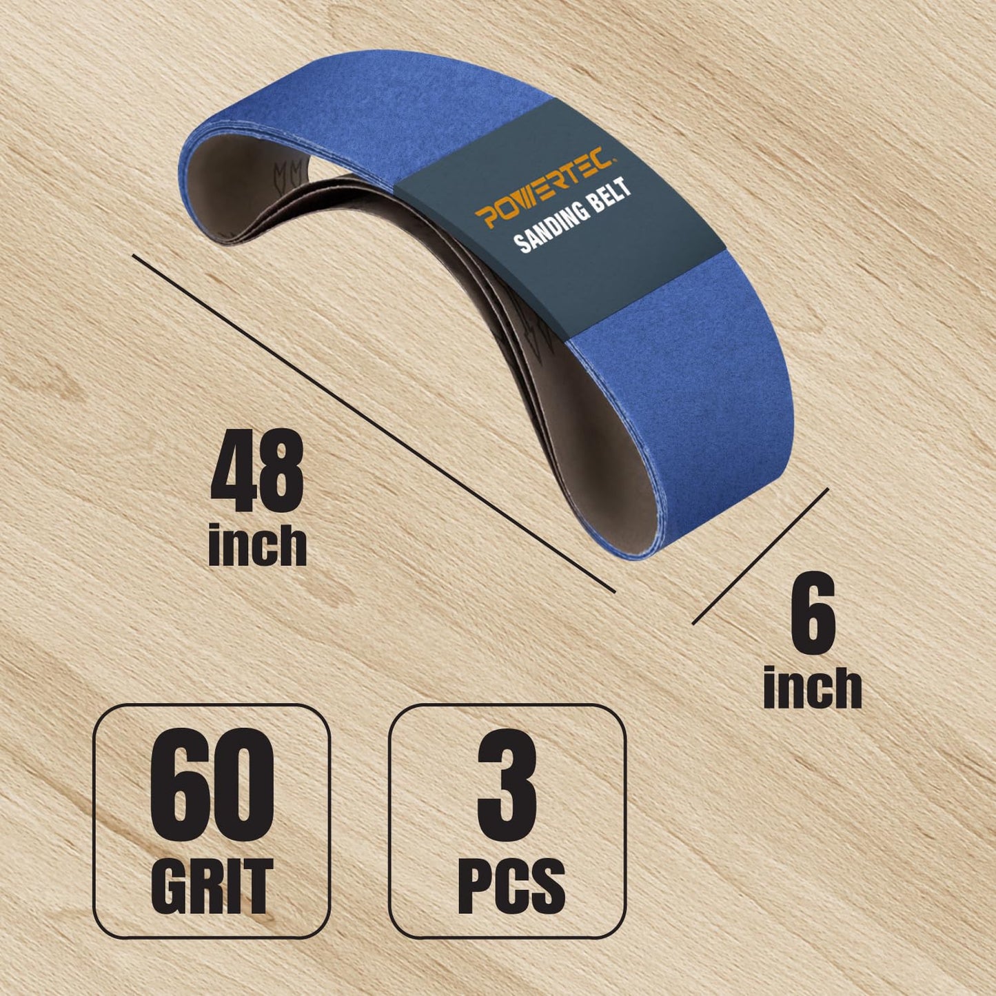POWERTEC 6 x 48 Inch Zirconia Sanding Belts, 3PK, 60 Grit Belt Sander Sanding Belt for Bench Sander, Belt and Disc sander, Woodworking & Paint Removal, Metal Polishing (464806Z-3)