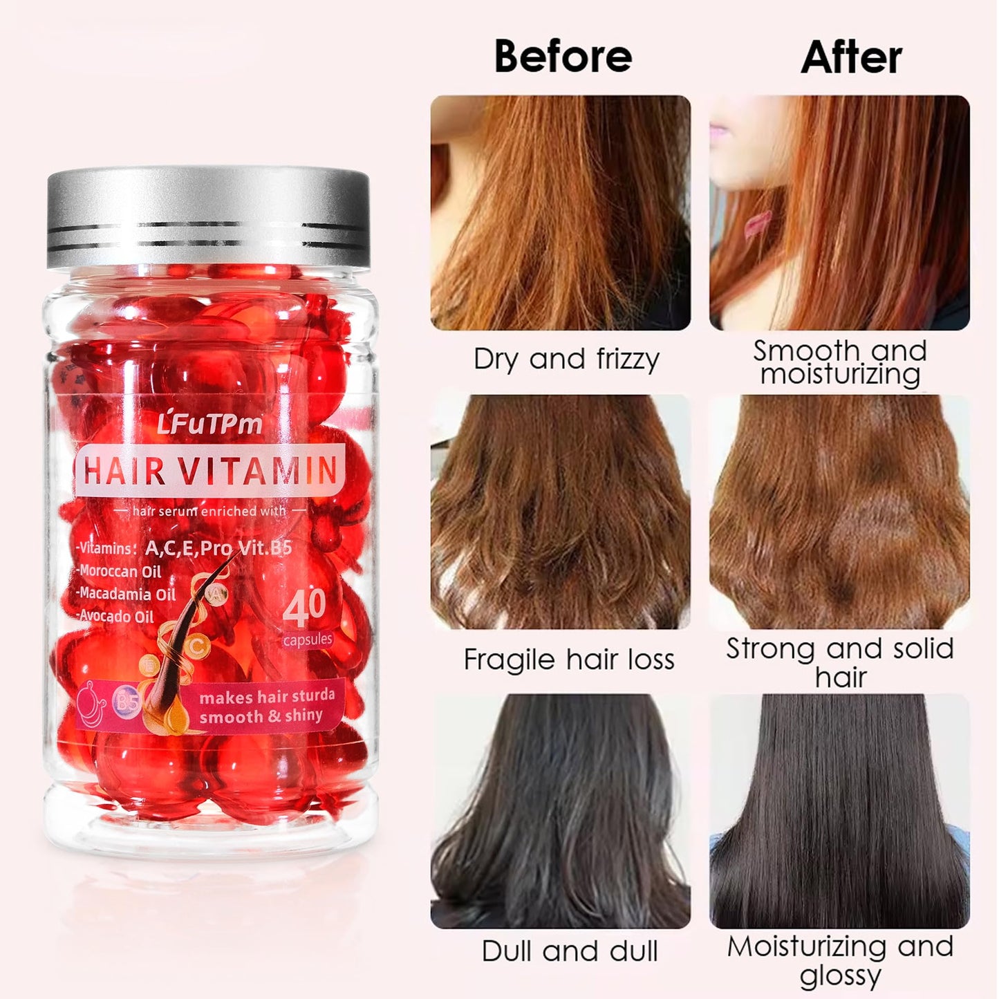 LFuTPm Hair Treatment Serum, 40 Capsules Hair Vitamins A, C, E, B5 - with Argan Macadamia & Avocado Oil for Damaged Hair Repair, Frizz Control, Healthy Hair Treatment for Women & Men