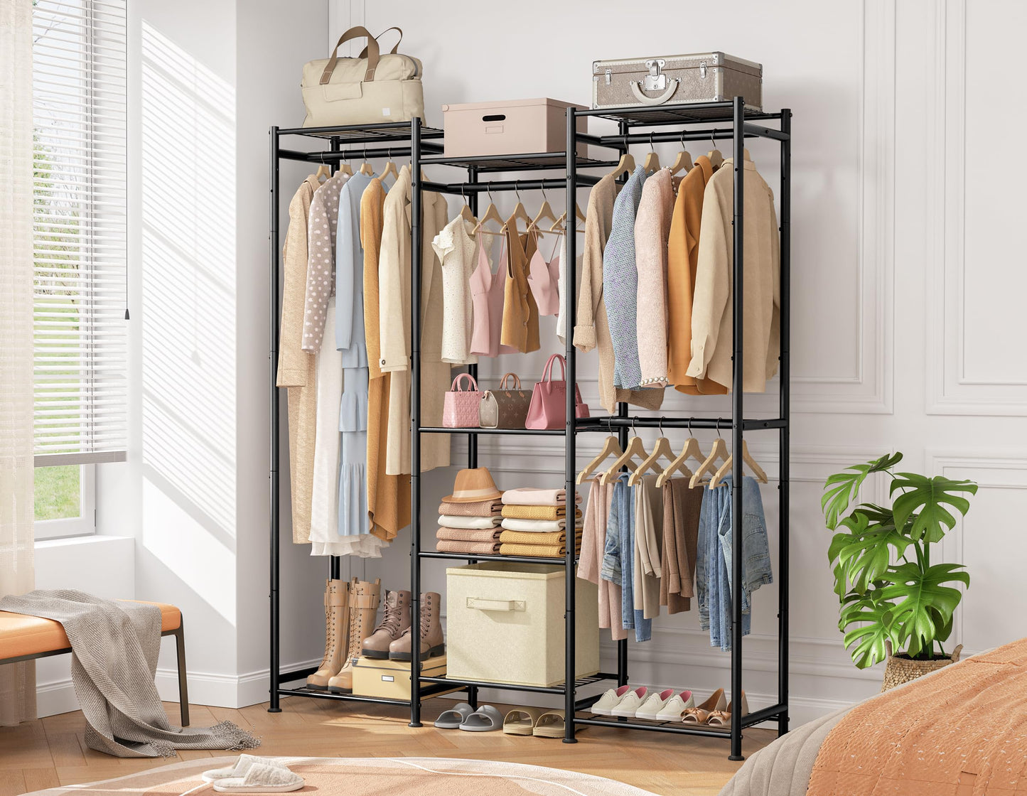 HOMIDEC Wardrobe Closet, 4 Hanging Spaces Portable Clothes Rack,Free Standing Closet Organizer and Storage System with Hanging Rods,Clothing Rack Suitable for Cloakroom,Bedroom,Entrances,etc.Black