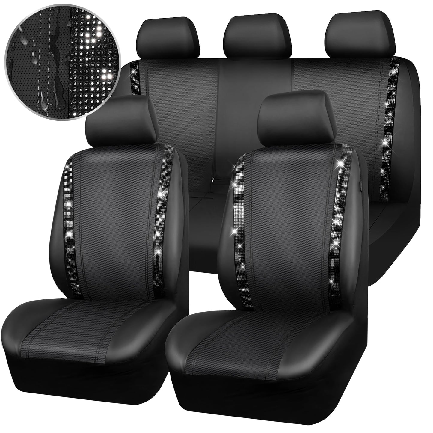 CAR PASS Leather Bling Diamond Car Seat Covers Full Set, Shining Rhinestone Waterproof Durable Rear with Zipper, Universal Fit Automotive Glitter Crystal Sparkle Strip for Cute Women Girly Black