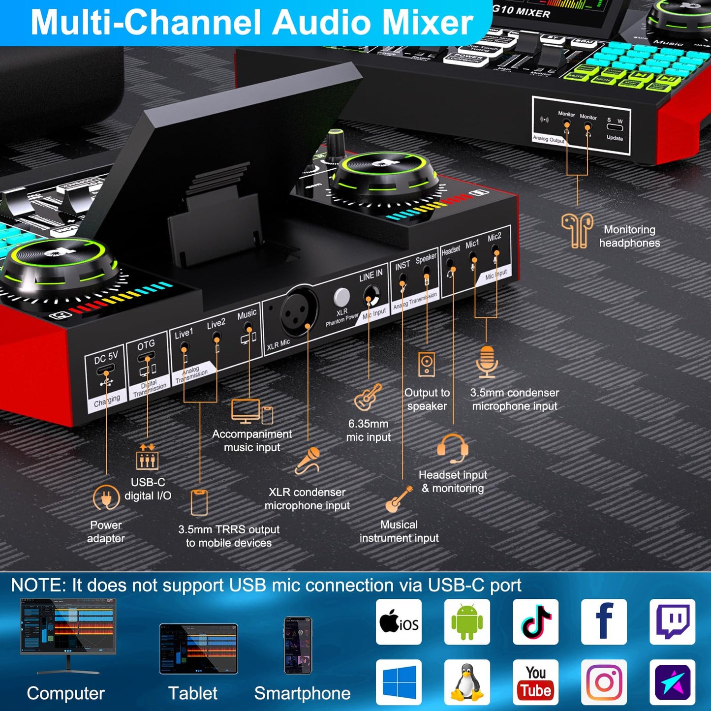 Podcast Microphone Bundle with Live Sound Card Audio Mixer, Podcast Equipment Bundle with 3.5mm Condenser Microphone for Pc/Phone Live Streaming Singing Gaming, Sound Board with Voice Changer, Denoise