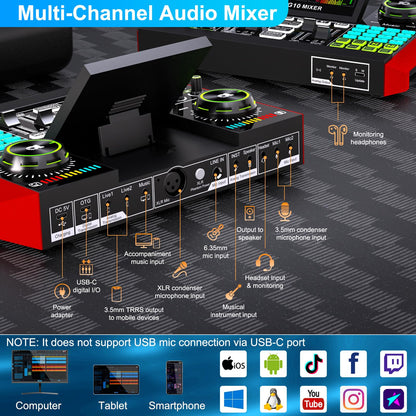 Podcast Microphone Bundle with Live Sound Card Audio Mixer, Podcast Equipment Bundle with 3.5mm Condenser Microphone for Pc/Phone Live Streaming Singing Gaming, Sound Board with Voice Changer, Denoise