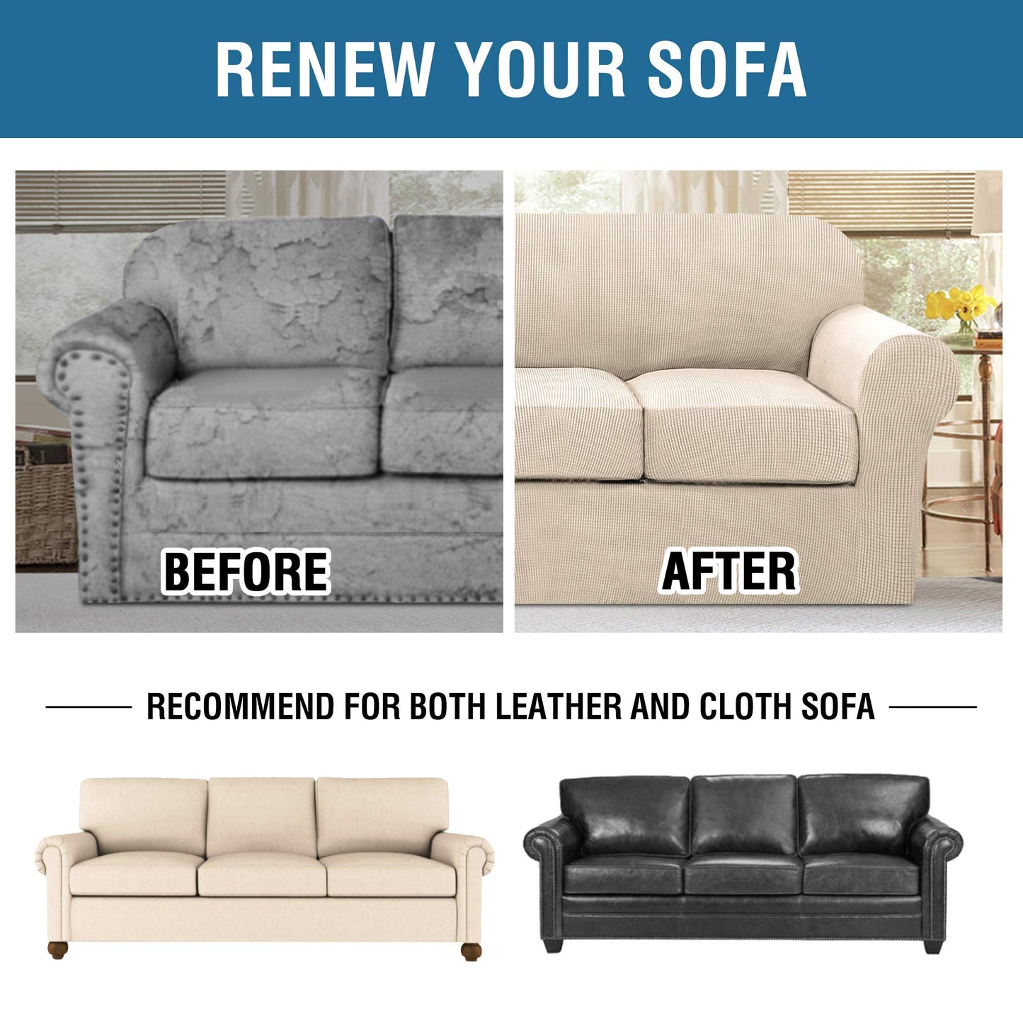 H.VERSAILTEX 4 Piece Stretch Couch Covers for 3 Cushion Couch Sofa Furniture Slipcovers Feature Upgraded Thicker Jacquard Fabric (Sofa, Natural)