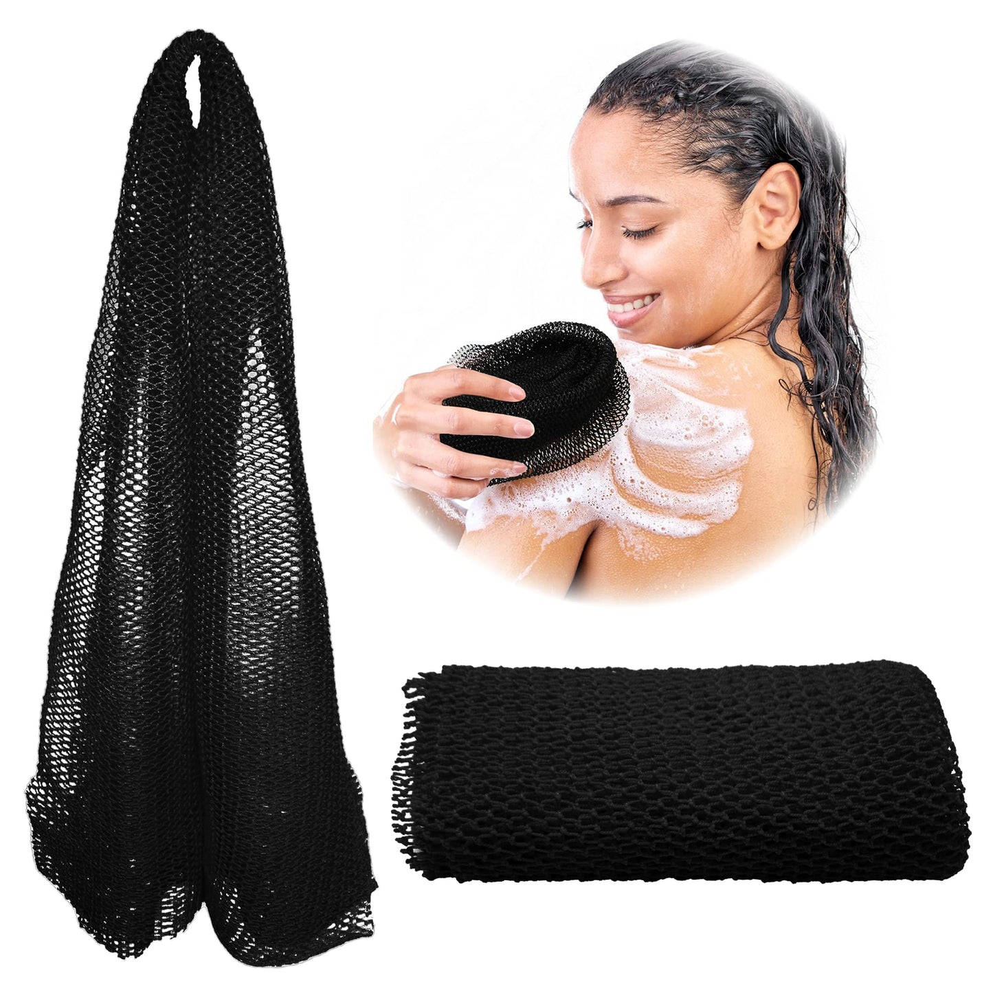 Adeton African Net Sponge, Authentic, with Knots, Exfoliating Bath Wash Cloth, Real Sapo, Black Owned, Long Sponge, Body Exfoliator, Shower Accessories, Back Foot Scalp Scrub Dead Skin Remover (Black)