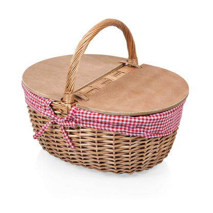 PICNIC TIME - Country Vintage Picnic Basket with Lid - Wicker Picnic Basket for 2, (Red & White Gingham Pattern)