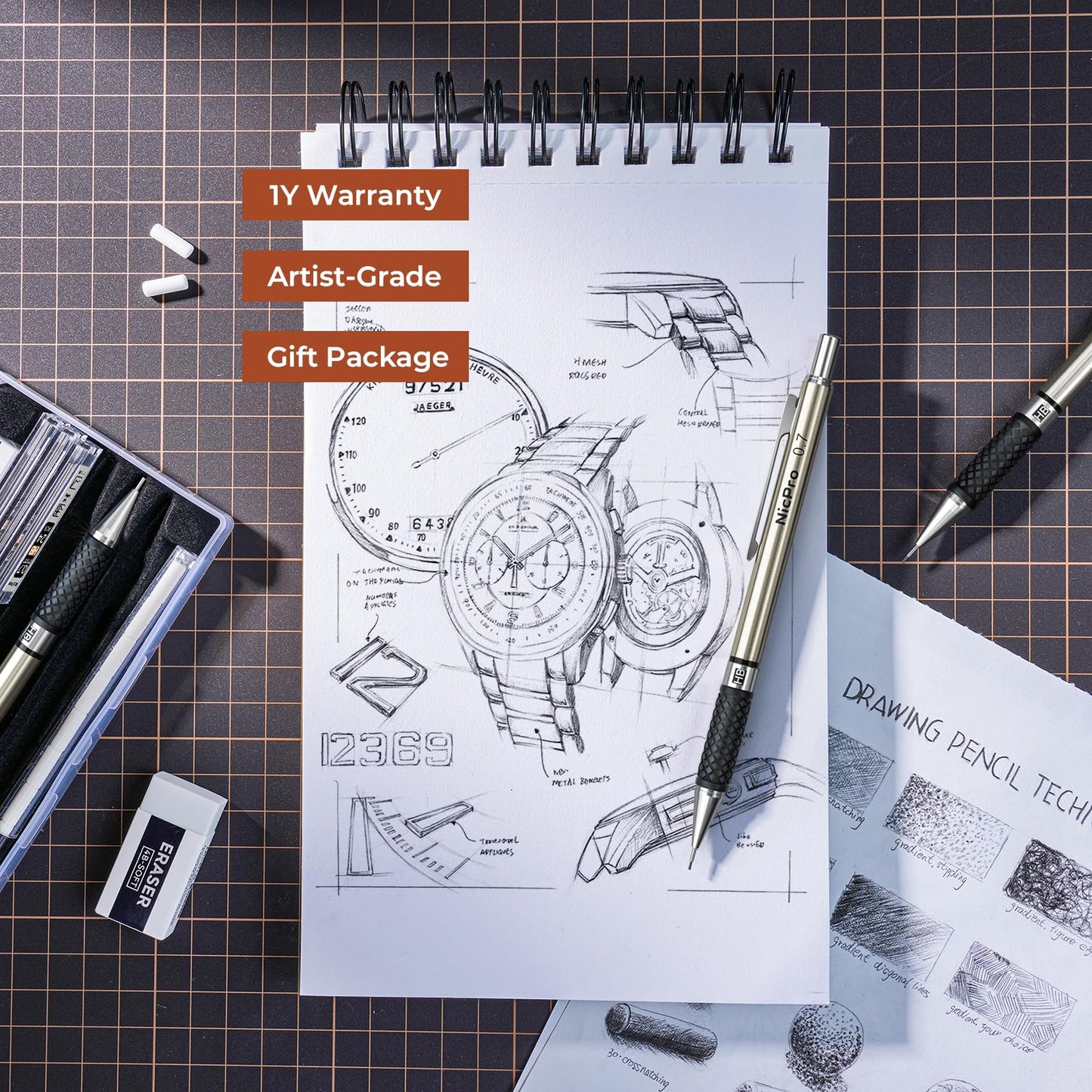 Nicpro 0.7 mm Art Mechanical Pencil Set in Storage Case, 3 PCS Metal Drafting Pencil Lead Pencil with 6 Tube HB Lead Refills, 3 Erasers, 9 PCS Eraser Refills for Artist Writing, Drawing, Sketching