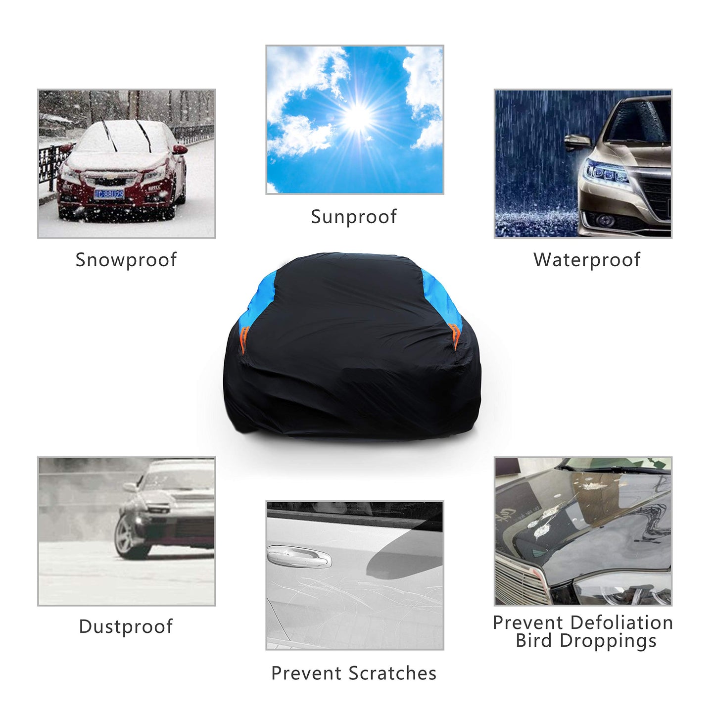 MORNYRAY Waterproof Car Cover All Weather Snowproof UV Protection Windproof Outdoor Full car Cover, Universal Fit for Sedan (Blue, A0-Fit Sedan Length(Up to 153 inch)