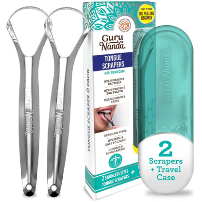 GuruNanda Tongue Scraper for Adults (2 Pack) with Travel Case, 420 Medical-Grade 100% Stainless Steel Tongue Cleaner, Aids in Fresh Breath & Oral Care