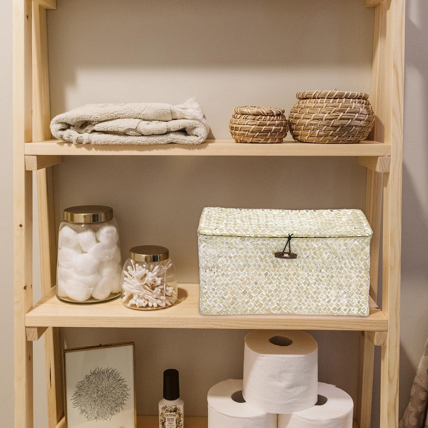 Hipiwe Seagrass Storage Basket Bins with Lid, Handwoven Wicker Shelf Baskets Bin Rectangular Household Basket Organizer Boxes for Shelf Closet Bedroom Home Decor, Whitewash Medium