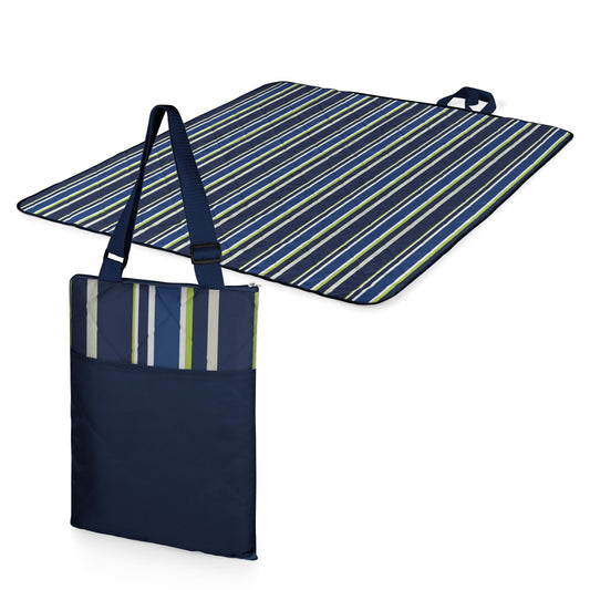 ONIVA - a Picnic Time brand - Vista Outdoor Picnic Blanket & Tote - Beach Blanket - Camping Blanket, (Blue Stripe Pattern with Navy Blue Exterior)