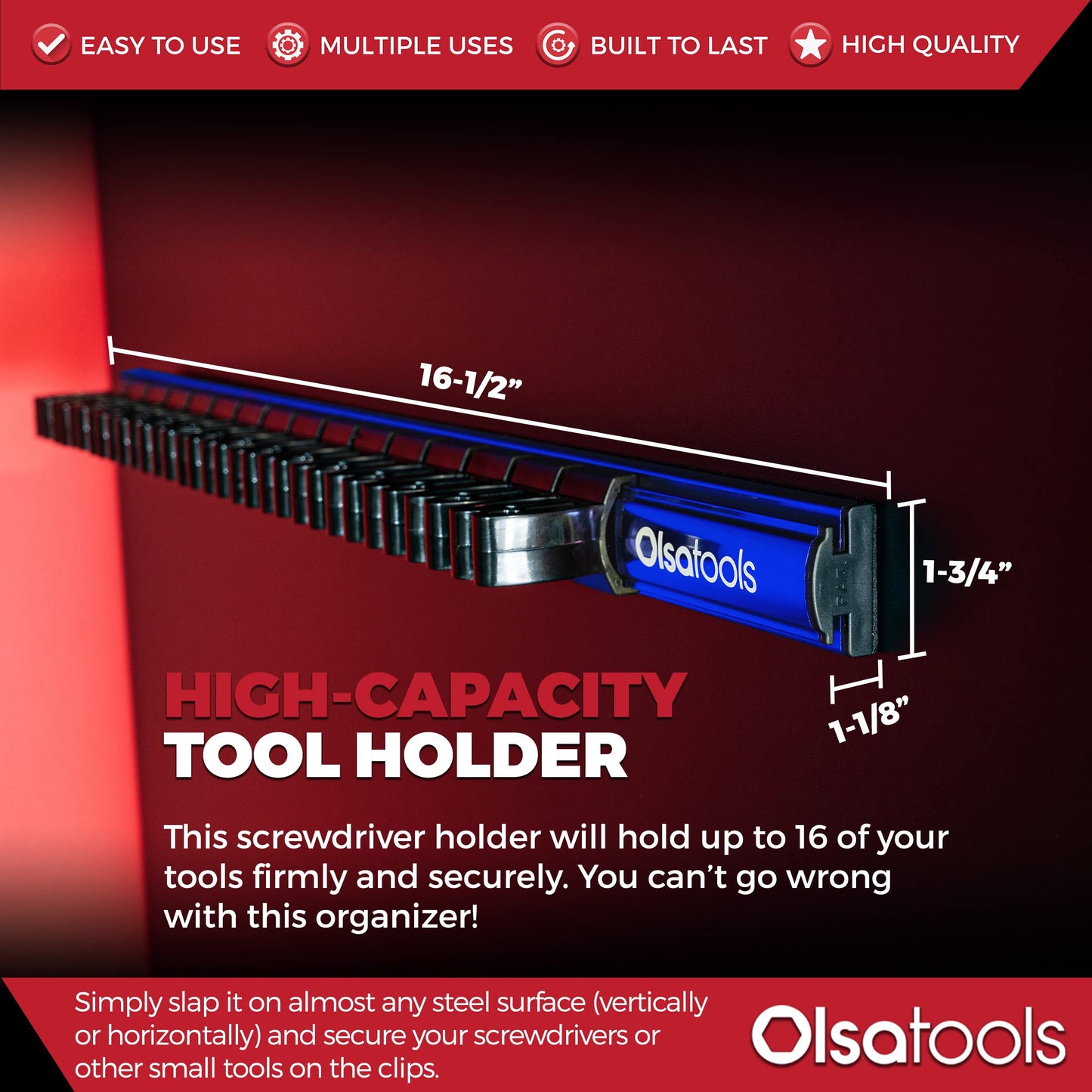Olsa Tools Magnetic Screwdriver Organizer - Screwdriver Holder with Strong Magnets and Foam Backing - Professional Tool Holder and Tool Organizer - Stores up to 16 Screwdrivers - Blue - Part: 1114