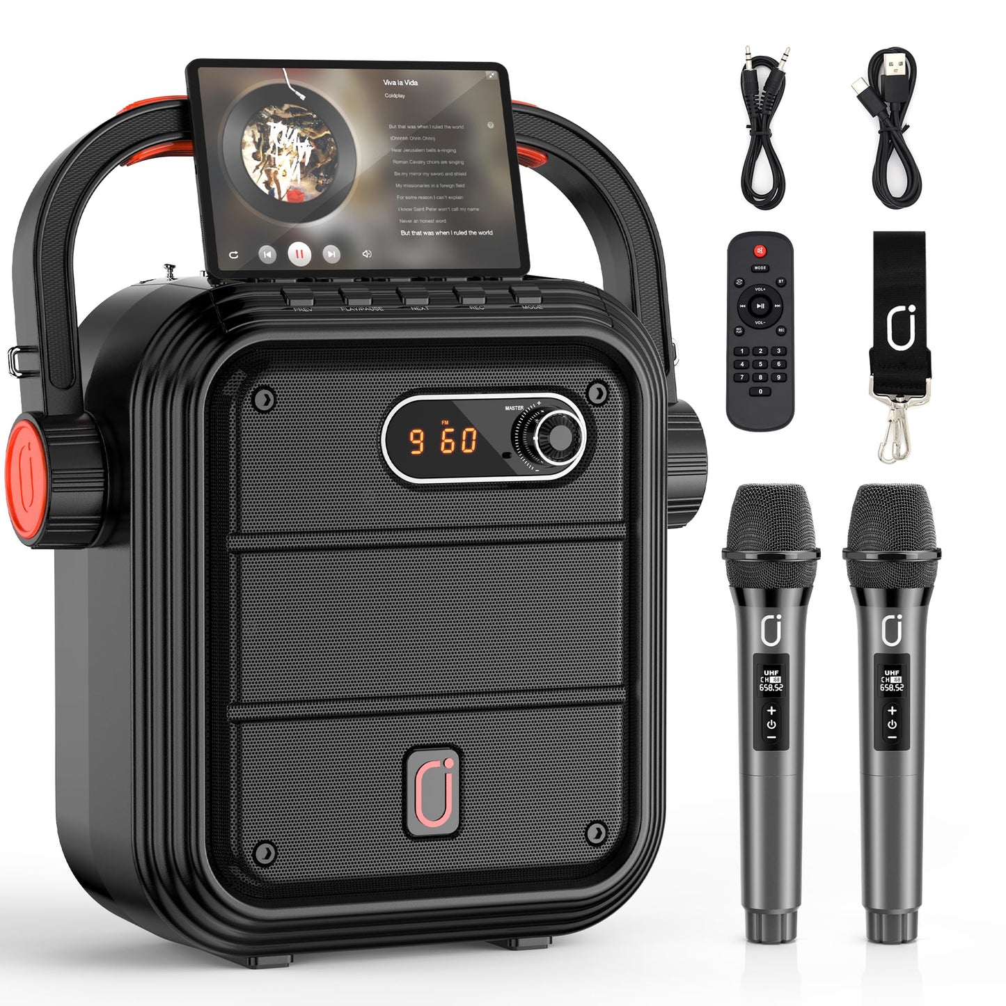 JYX Karaoke Machine with 2 Wireless Microphones, Portable Bluetooth Speaker PA System with Shoulder Strap, Subwoofer Support TWS, USB, Radio, AUX, REC, Bass&Treble for Home Party/Meeting/Adults/Kids