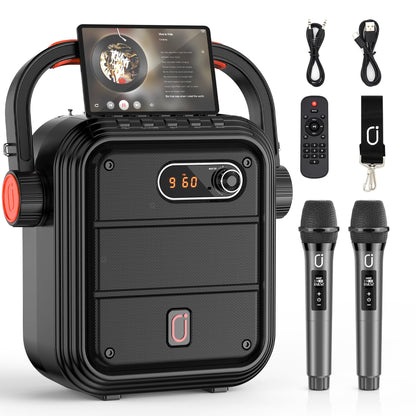 JYX Karaoke Machine with 2 Wireless Microphones, Portable Bluetooth Speaker PA System with Shoulder Strap, Subwoofer Support TWS, USB, Radio, AUX, REC, Bass&Treble for Home Party/Meeting/Adults/Kids