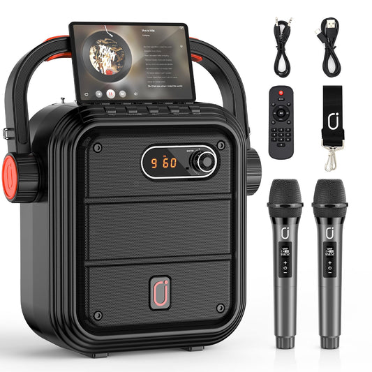 JYX Karaoke Machine with 2 Wireless Microphones, Portable Bluetooth Speaker PA System with Shoulder Strap, Subwoofer Support TWS, USB, Radio, AUX, REC, Bass&Treble for Home Party/Meeting/Adults/Kids