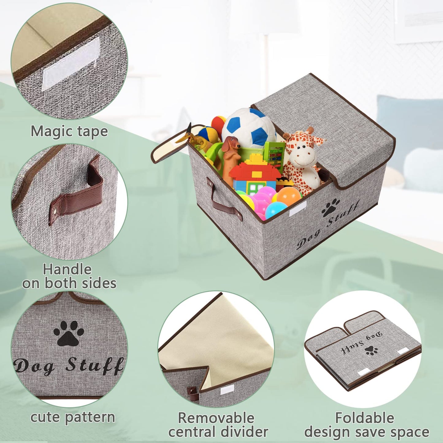 Geyecete Large Storage Boxes - Large Linen Fabric Foldable Storage Cubes Bin Box Containers with Lid and Handles for Dog Apparel & Accessories, Dog Coats, Dog Toys, Dog Clothing(Grey)